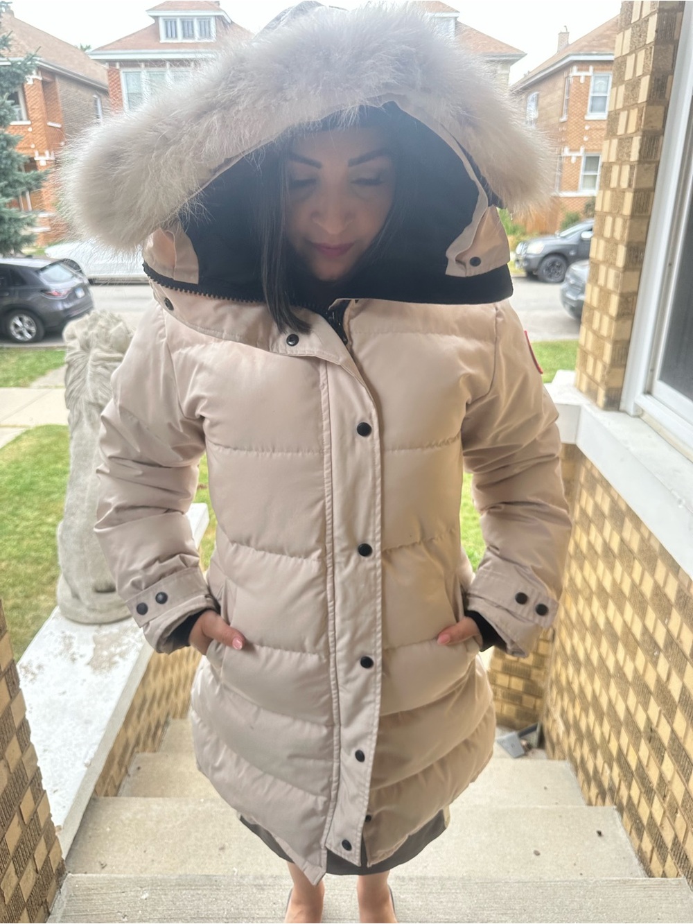 Canada Goose Light Beige Women's Down Puffer Coat with Fur-Trim Hood - Picture 2 of 11